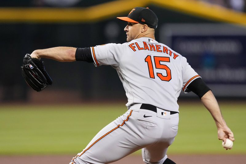 Sep 3, 2023; Phoenix, Arizona, USA; Baltimore Orioles starting pitcher Jack Flaherty (15) pitches against the Arizona Diamondbacks during the first inning at Chase Field. Mandatory Credit: Joe Camporeale-USA TODAY Sports