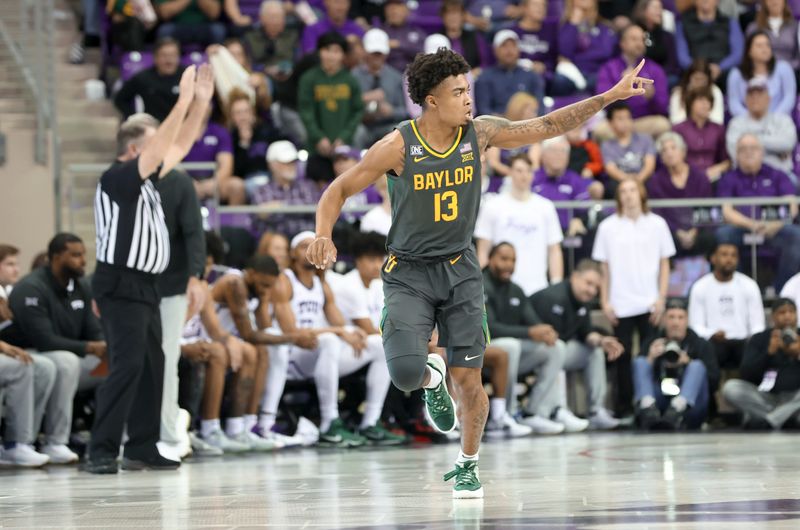 Feb 11, 2023; Fort Worth, Texas, USA;  Baylor Bears guard Langston Love (13) reacts after scoring during the first half against the TCU Horned Frogs at Ed and Rae Schollmaier Arena. Mandatory Credit: Kevin Jairaj-USA TODAY Sports