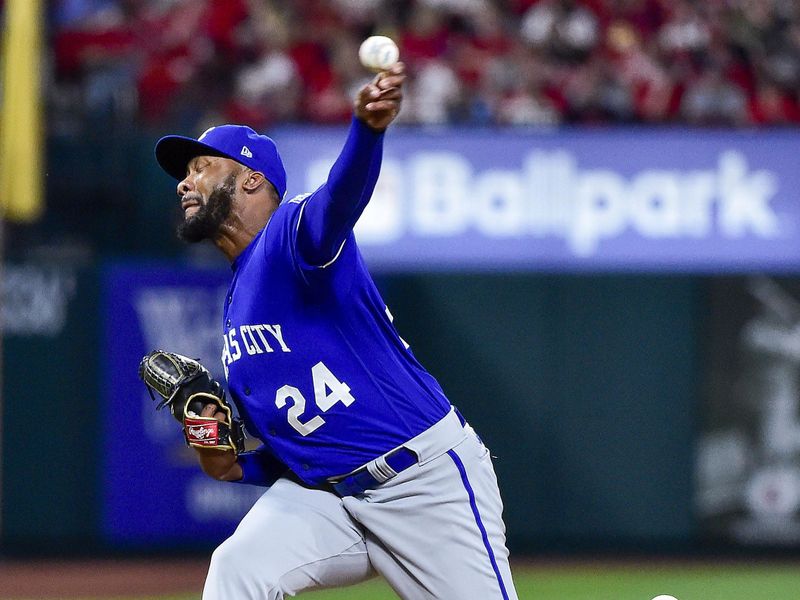 Apr 12, 2022; St. Louis, Missouri, USA;  Kansas City Royals relief pitcher Amir Garrett (24) pitches against the St. Louis Cardinals during the seventh inning at Busch Stadium. Mandatory Credit: Jeff Curry-USA TODAY Sports