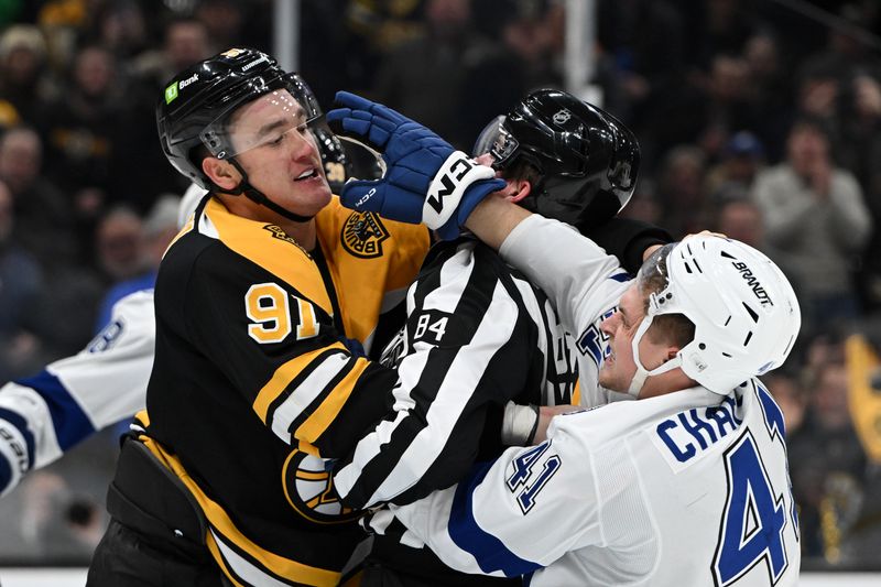 Jan 14, 2025; Boston, Massachusetts, USA; Boston Bruins defenseman Nikita Zadorov (91) and Tampa Bay Lightning right wing Mitchell Chaffee (41) shove each other after a whistle during the second period at the TD Garden. Mandatory Credit: Brian Fluharty-Imagn Images