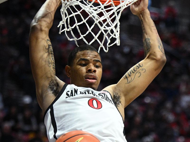 Feb 11, 2023; San Diego, California, USA; San Diego State Aztecs forward Keshad Johnson (0) dunks the ball during the first half against the UNLV Rebels at Viejas Arena. Mandatory Credit: Orlando Ramirez-USA TODAY Sports