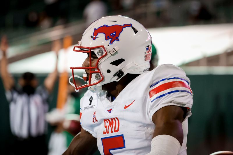 Oct 16, 2020; New Orleans, Louisiana, USA;  Southern Methodist Mustangs wide receiver Danny Gray (5) celebrates after a touchdown catch against the Tulane Green Wave during the second half at Yulman Stadium. Mandatory Credit: Derick E. Hingle-USA TODAY Sports