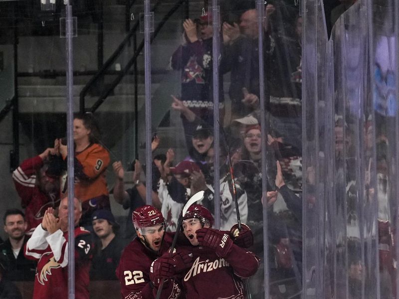 Mar 12, 2023; Tempe, Arizona, USA; Arizona Coyotes right wing Clayton Keller (9) celebrates his goal with Arizona Coyotes center Jack McBain (22) during the third period of the game against the Minnesota Wild at Mullett Arena. Mandatory Credit: Joe Camporeale-USA TODAY Sports