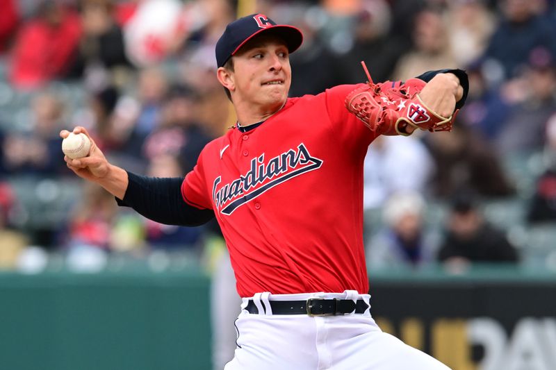 Apr 23, 2023; Cleveland, Ohio, USA; Cleveland Guardians relief pitcher James Karinchak (99) throws a pitch during the eighth inning against the Miami Marlins at Progressive Field. Mandatory Credit: Ken Blaze-USA TODAY Sports