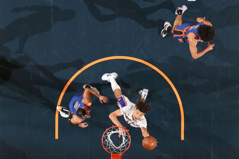 NEW YORK, NY - FEBRUARY 3: Jaxson Hayes #11 of the Los Angeles Lakers shoots the ball during the game against the New York Knicks on February 3, 2024 at Madison Square Garden in New York City, New York.  NOTE TO USER: User expressly acknowledges and agrees that, by downloading and or using this photograph, User is consenting to the terms and conditions of the Getty Images License Agreement. Mandatory Copyright Notice: Copyright 2024 NBAE  (Photo by Nathaniel S. Butler/NBAE via Getty Images)