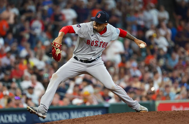 Aug 21, 2024; Houston, Texas, USA;  Boston Red Sox relief pitcher Brennan Bernardino (83) pitches against the Houston Astros in the seventh inning at Minute Maid Park. Mandatory Credit: Thomas Shea-USA TODAY Sports