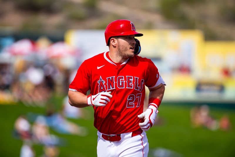 Feb 27, 2024; Tempe, Arizona, USA; Los Angeles Angels outfielder Mike Trout against the Milwaukee Brewers during a spring training game at Tempe Diablo Stadium. Mandatory Credit: Mark J. Rebilas-USA TODAY Sports