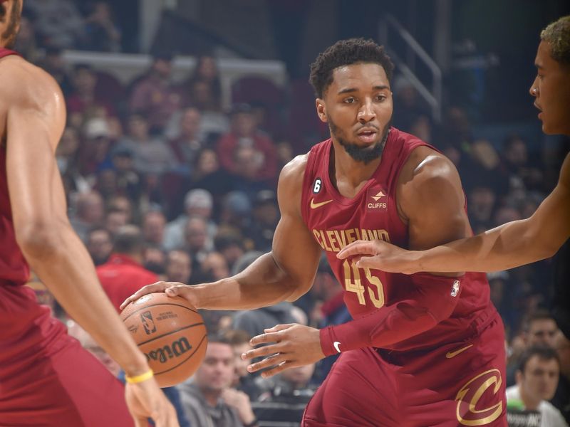 CLEVELAND, OH - FEBUARY 13:  Donovan Mitchell #45 of the Cleveland Cavaliers goes to the basket during the game on Febuary 13, 2023 at Rocket Mortgage FieldHouse in Cleveland, Ohio. NOTE TO USER: User expressly acknowledges and agrees that, by downloading and/or using this Photograph, user is consenting to the terms and conditions of the Getty Images License Agreement. Mandatory Copyright Notice: Copyright 2023 NBAE (Photo by David Liam Kyle/NBAE via Getty Images)