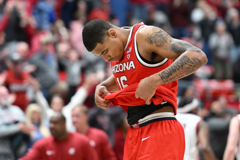 Jan 13, 2024; Pullman, Washington, USA; Arizona Wildcats forward Keshad Johnson (16) walks off the court after a game against the Washington State Cougars at Friel Court at Beasley Coliseum. Washington State won 73-70. Mandatory Credit: James Snook-USA TODAY Sports