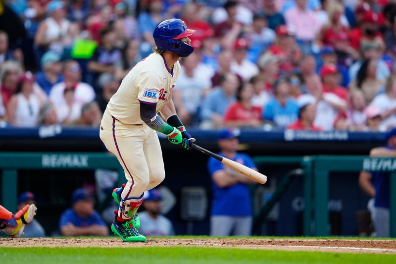 Sep 14, 2024; Philadelphia, Pennsylvania, USA; Philadelphia Phillies first baseman Bryce Harper (3) hits a home run against the New York Mets during the fourth inning at Citizens Bank Park. Mandatory Credit: Gregory Fisher-Imagn Images