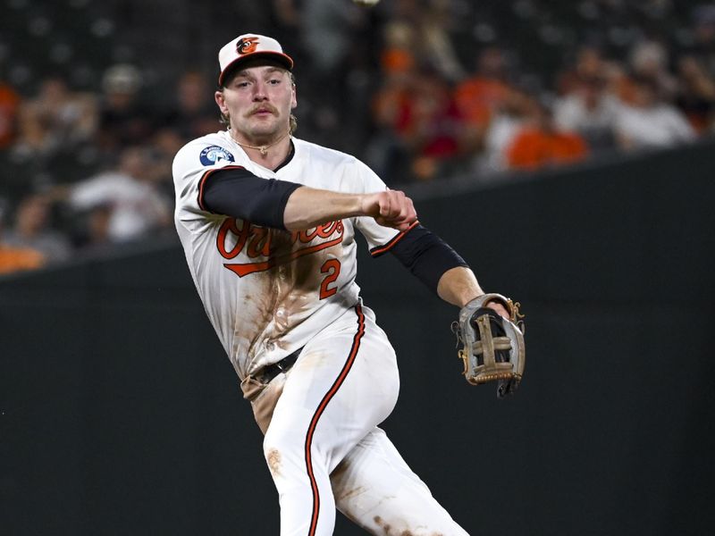 Jun 25, 2024; Baltimore, Maryland, USA;  Baltimore Orioles shortstop Gunnar Henderson (2) throws to first base during the ninth inning against the Cleveland Guardians at Oriole Park at Camden Yards. Mandatory Credit: Tommy Gilligan-USA TODAY Sports