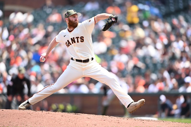 May 21, 2023; San Francisco, California, USA; San Francisco Giants pitcher John Brebbia (59) throws a pitch against the Miami Marlins during the fourth inning at Oracle Park. Mandatory Credit: Robert Edwards-USA TODAY Sports