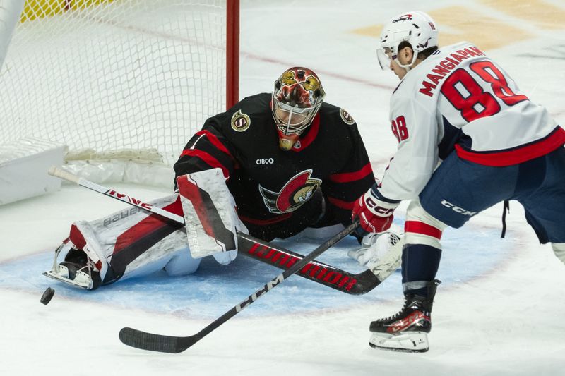 Jan 16, 2025; Ottawa, Ontario, CAN; Ottawa Senators goalie Leevi Merilainen (1) makes a save on a shot from Washington Capitals left wing Andrew Mangiapane (88) in the third period at the Canadian Tire Centre. Mandatory Credit: Marc DesRosiers-Imagn Images