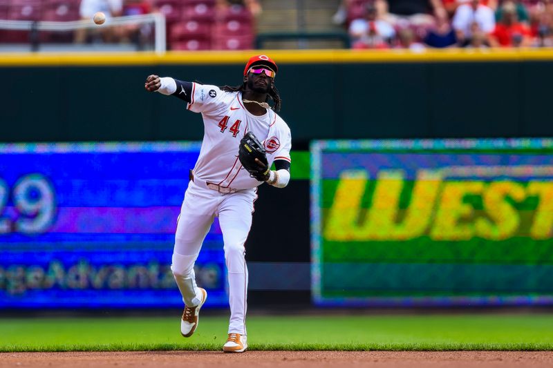Jun 4, 2025; Cincinnati, Ohio, USA; Cincinnati Reds shortstop Elly De La Cruz (44) throws to first to get Milwaukee Brewers outfielder Jackson Chourio (not pictured) out in the first inning at Great American Ball Park. Mandatory Credit: Katie Stratman-Imagn Images