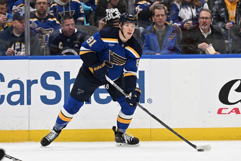 Jan 14, 2025; St. Louis, Missouri, USA; St. Louis Blues center Dylan Holloway (81) in action against the Calgary Flames in the second period at Enterprise Center. Mandatory Credit: Joe Puetz-Imagn Images