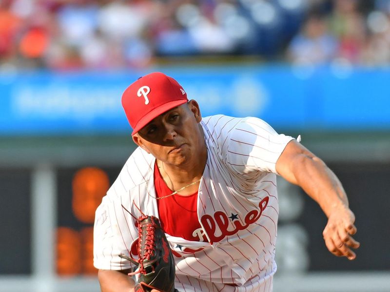 Jul 26, 2023; Philadelphia, Pennsylvania, USA; Philadelphia Phillies starting pitcher Ranger Suarez (55) throws a pitch during the second inning against the Baltimore Orioles at Citizens Bank Park. Mandatory Credit: Eric Hartline-USA TODAY Sports