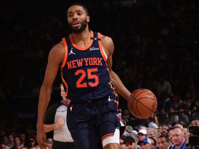 NEW YORK, NY - MAY 12: Mikal Bridges #25 of the New York Knicks dribbles the ball during the game against the Boston Celtics during Round 2 Game 4 of the 2025 NBA Playoffs on May 12, 2025 at Madison Square Garden in New York City, New York.  NOTE TO USER: User expressly acknowledges and agrees that, by downloading and or using this photograph, User is consenting to the terms and conditions of the Getty Images License Agreement. Mandatory Copyright Notice: Copyright 2025 NBAE  (Photo by Nathaniel S. Butler/NBAE via Getty Images)