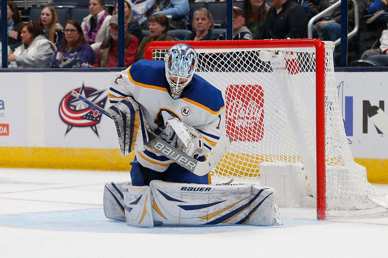 Feb 23, 2024; Columbus, Ohio, USA; Buffalo Sabres goalie Ukko-Pekka Luukkonen (1) makes a save against the Columbus Blue Jackets during the third period at Nationwide Arena. Mandatory Credit: Russell LaBounty-USA TODAY Sports