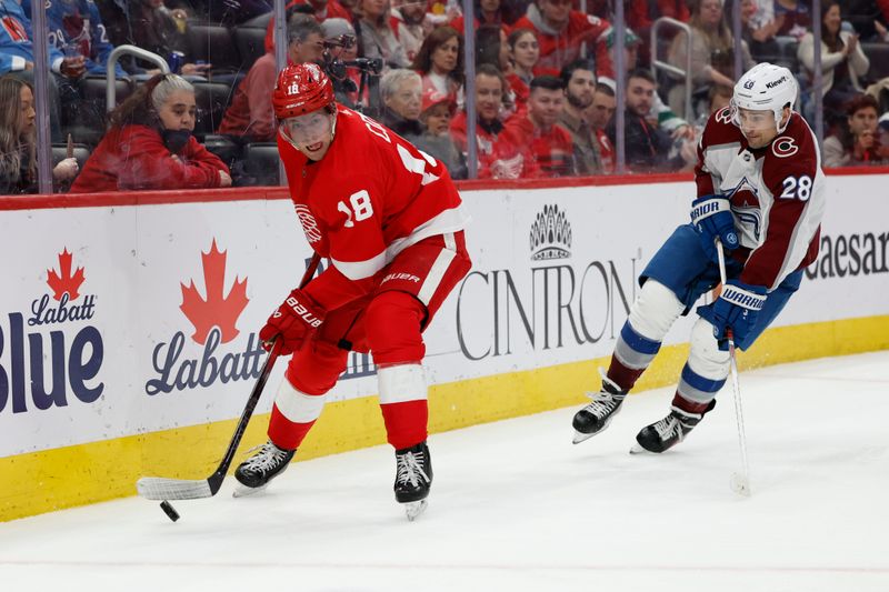 Feb 22, 2024; Detroit, Michigan, USA;  Detroit Red Wings center Andrew Copp (18) skates with the puck in the second period against the Colorado Avalanche at Little Caesars Arena. Mandatory Credit: Rick Osentoski-USA TODAY Sports