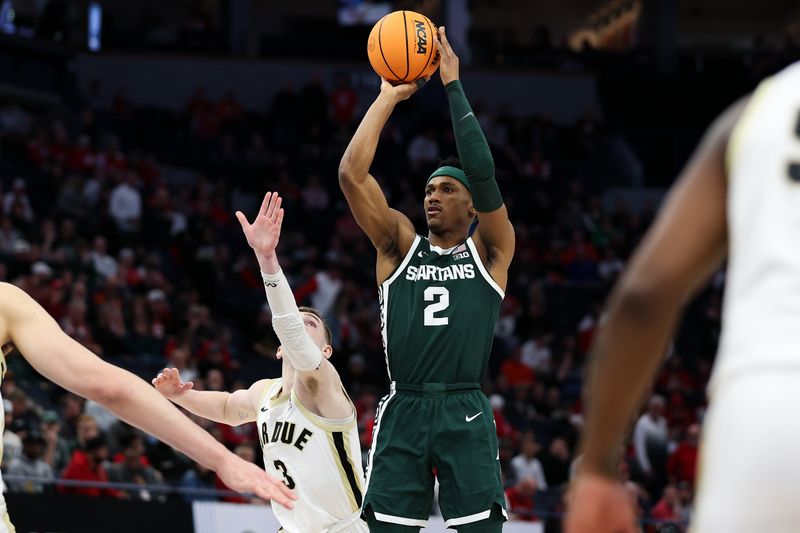 Mar 15, 2024; Minneapolis, MN, USA; Michigan State Spartans guard Tyson Walker (2) shoots as Purdue Boilermakers guard Braden Smith (3) defends during the second half at Target Center. Mandatory Credit: Matt Krohn-USA TODAY Sports