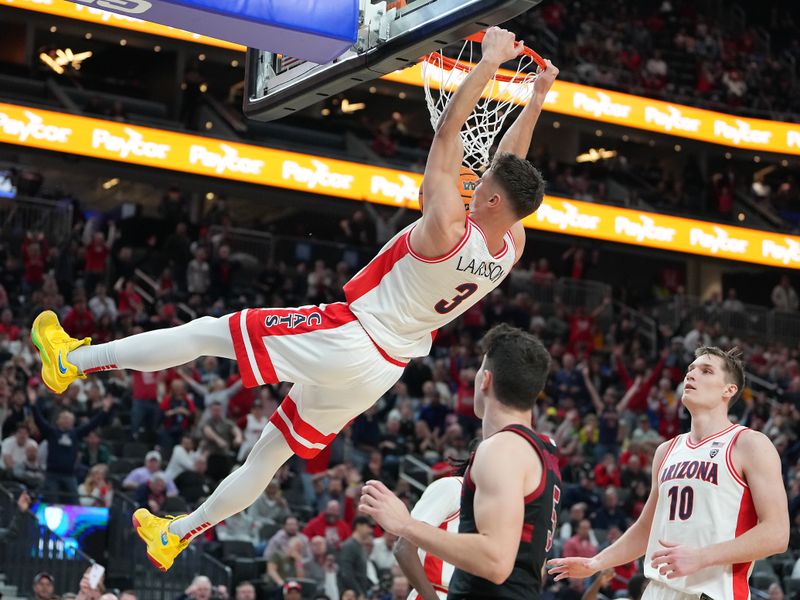 Mar 9, 2023; Las Vegas, NV, USA; Arizona Wildcats guard Pelle Larsson (3) dunks against the Stanford Cardinal during the second half at T-Mobile Arena. Mandatory Credit: Stephen R. Sylvanie-USA TODAY Sports