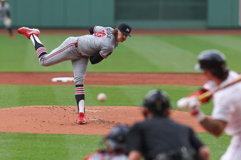 May 4, 2025; Boston, Massachusetts, USA; Minnesota Twins starting pitcher Chris Paddack (20) delivers a pitch during the first inning against the Boston Red Sox at Fenway Park. Mandatory Credit: Paul Rutherford-Imagn Images