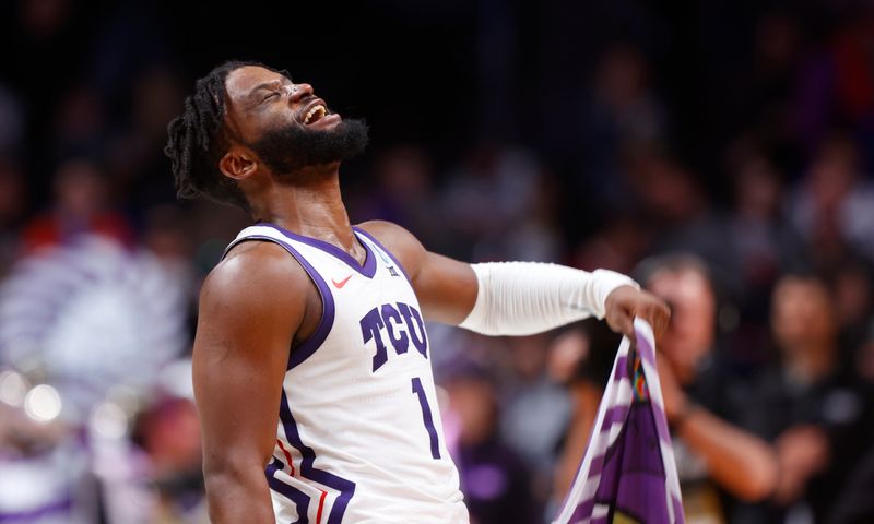 Mar 17, 2023; Denver, CO, USA; TCU Horned Frogs guard Mike Miles Jr. (1) reacts after defeating the Arizona State Sun Devils in the first round of the NCAA tournament at Ball Arena. Mandatory Credit: Michael Ciaglo-USA TODAY Sports