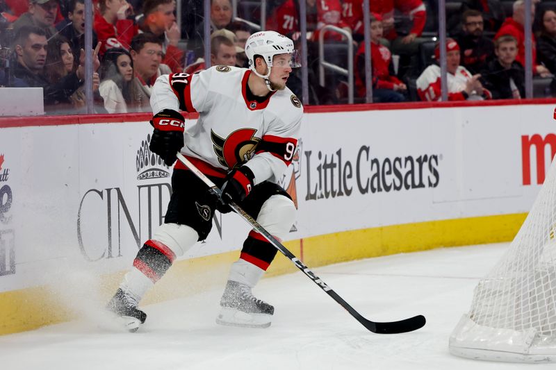 Jan 31, 2024; Detroit, Michigan, USA;  Ottawa Senators right wing Vladimir Tarasenko (91) skates with the puck in overtime against the Detroit Red Wings at Little Caesars Arena. Mandatory Credit: Rick Osentoski-USA TODAY Sports