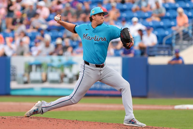 Feb 21, 2026; Port St. Lucie, Florida, USA; Miami Marlins relief pitcher Tyler Phillips (30) delivers a pitch against the New York Mets during the third inning at Clover Park. Mandatory Credit: Sam Navarro-Imagn Images