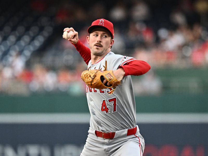 Aug 10, 2024; Washington, District of Columbia, USA;  Los Angeles Angels starting pitcher Griffin Canning (47) pitches against the Washington Nationals during the first inning at Nationals Park. Mandatory Credit: James A. Pittman-USA TODAY Sports