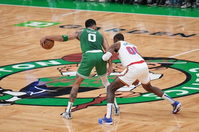 BOSTON, MA - NOVEMBER 6: Jayson Tatum #0 of the Boston Celtics dribbles the ball during the game against the Golden State Warriors on November 6, 2024 at TD Garden in Boston, Massachusetts. NOTE TO USER: User expressly acknowledges and agrees that, by downloading and/or using this Photograph, user is consenting to the terms and conditions of the Getty Images License Agreement. Mandatory Copyright Notice: Copyright 2024 NBAE (Photo by Jesse D. Garrabrant/NBAE via Getty Images)