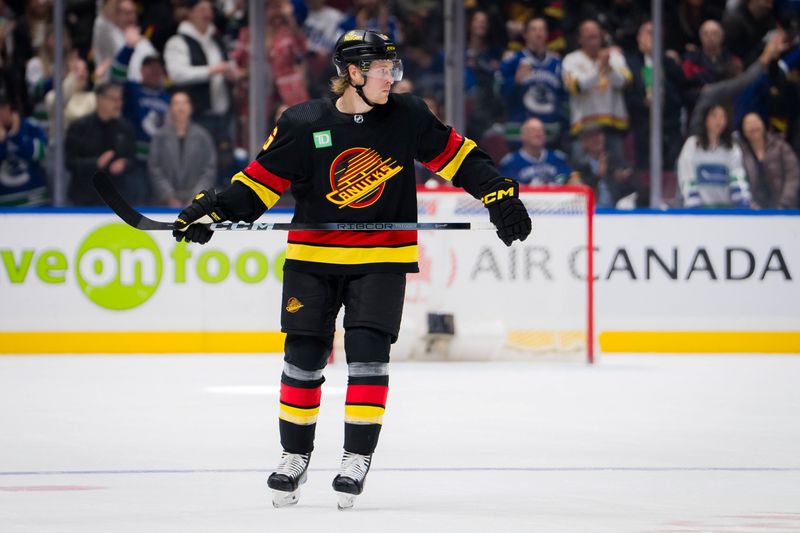 Dec 12, 2023; Vancouver, British Columbia, CAN; Vancouver Canucks forward Brock Boeser (6) celebrates his second goal of the game against the Tampa Bay Lightning in the second period at Rogers Arena. Mandatory Credit: Bob Frid-USA TODAY Sports