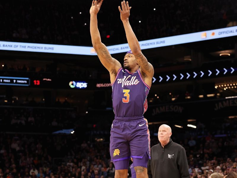 PHOENIX, ARIZONA - DECEMBER 29:  Bradley Beal #3 of the Phoenix Suns attempts a three-point shot against the Charlotte Hornets during the first half of the NBA game at Footprint Center on December 29, 2023 in Phoenix, Arizona.The Suns defeated the Hornets 133-119. NOTE TO USER: User expressly acknowledges and agrees that, by downloading and or using this photograph, User is consenting to the terms and conditions of the Getty Images License Agreement.  (Photo by Christian Petersen/Getty Images)