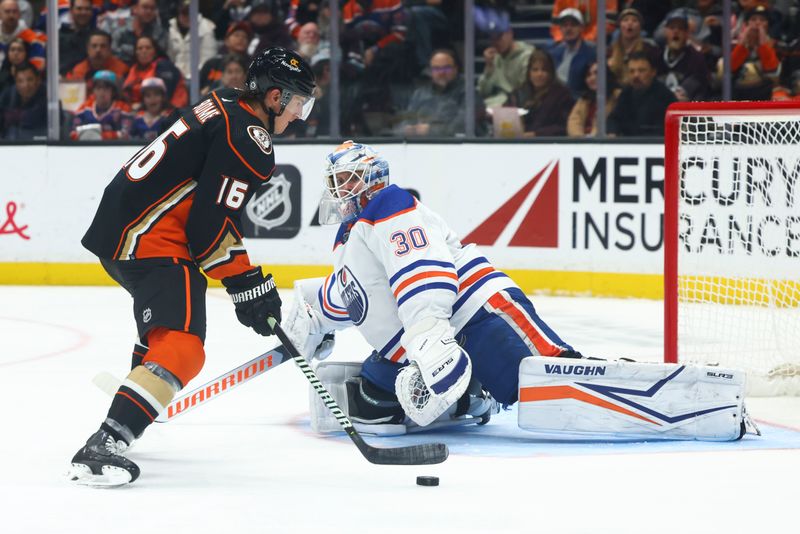 Feb 9, 2024; Anaheim, California, USA; Anaheim Ducks center Ryan Strome (16) scores a goal against Edmonton Oilers goaltender Calvin Pickard (30) during the second period of a game at Honda Center. Mandatory Credit: Jessica Alcheh-USA TODAY Sports