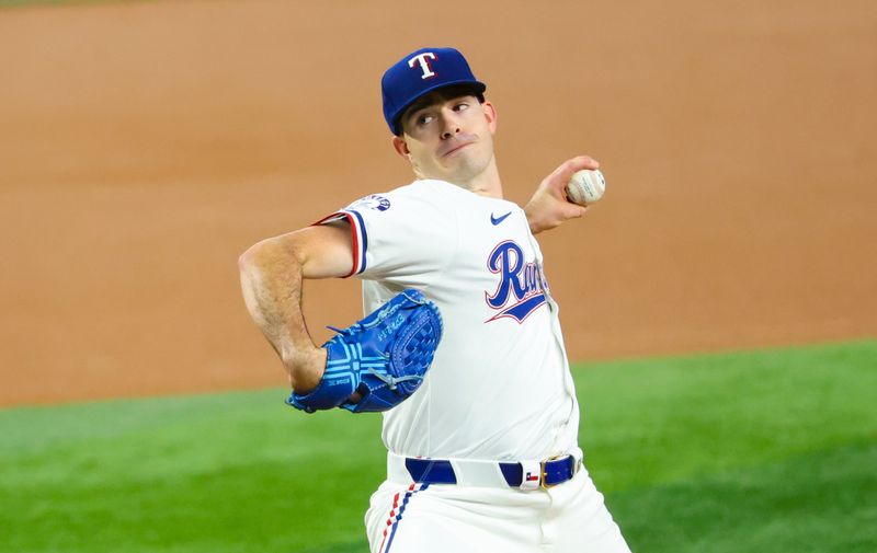 Aug 20, 2024; Arlington, Texas, USA; Texas Rangers starting pitcher Cody Bradford (61) throws during the first inning against the Pittsburgh Pirates  at Globe Life Field. Mandatory Credit: Kevin Jairaj-USA TODAY Sports
