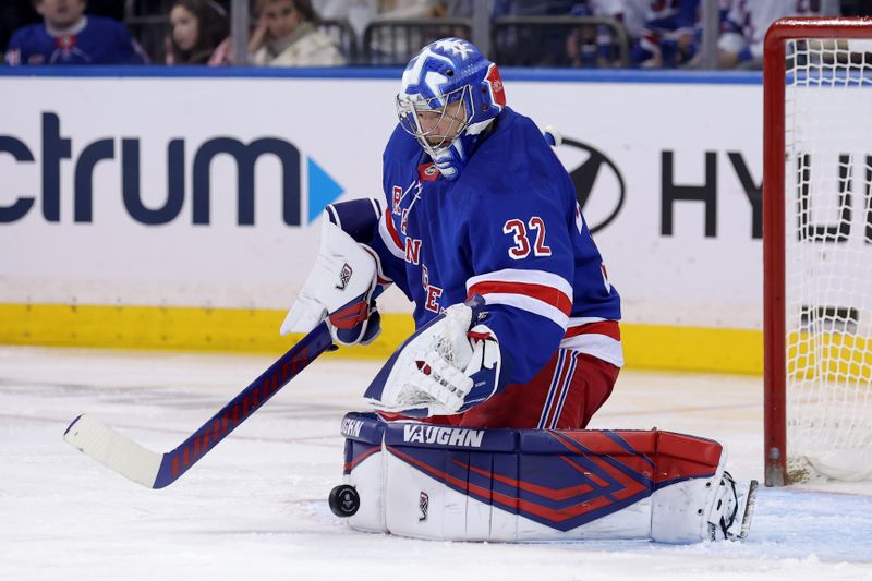 Oct 26, 2024; New York, New York, USA; New York Rangers goaltender Jonathan Quick (32) makes a save against the Anaheim Ducks during the second period at Madison Square Garden. Mandatory Credit: Brad Penner-Imagn Images