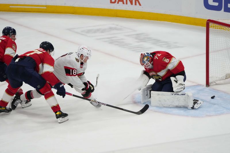 Feb 20, 2024; Sunrise, Florida, USA; Ottawa Senators center Tim Stutzle (18) scores a goal past Florida Panthers goaltender Sergei Bobrovsky (72) as left wing Matthew Tkachuk, left, and defenseman Niko Mikkola, right, defend during the third period at Amerant Bank Arena. Mandatory Credit: Jim Rassol-USA TODAY Sports.