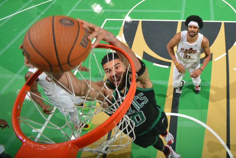 BOSTON, MA - NOVEMBER 19: Jayson Tatum #0 of the Boston Celtics dunks the ball during the game against the Cleveland Cavaliers during the Emirates NBA Cup game on November 19, 2024 at TD Garden in Boston, Massachusetts. NOTE TO USER: User expressly acknowledges and agrees that, by downloading and/or using this Photograph, user is consenting to the terms and conditions of the Getty Images License Agreement. Mandatory Copyright Notice: Copyright 2024 NBAE (Photo by Jesse D. Garrabrant/NBAE via Getty Images)