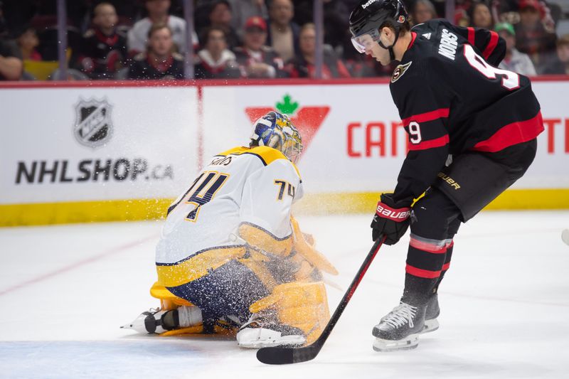 Jan 29, 2024; Ottawa, Ontario, CAN; Nashville Predators goalie Juuse Saros (74) makes a save on a shot from Ottawa Senators center Josh Norris (9) in the first period at the Canadian Tire Centre. Mandatory Credit: Marc DesRosiers-USA TODAY Sports