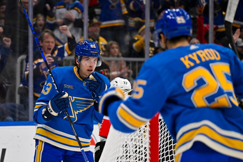 Jan 13, 2024; St. Louis, Missouri, USA;  St. Louis Blues left wing Jake Neighbours (63) reacts after scoring against the Boston Bruins during the second period at Enterprise Center. Mandatory Credit: Jeff Curry-USA TODAY Sports