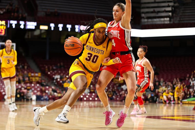 Feb 8, 2024; Minneapolis, Minnesota, USA; Minnesota Golden Gophers guard Janay Sanders (30) works around Ohio State Buckeyes guard Jacy Sheldon (4) during the first half at Williams Arena. Mandatory Credit: Matt Krohn-USA TODAY Sports