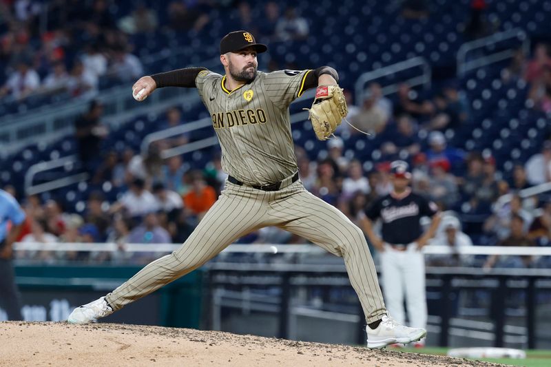 Jul 24, 2024; Washington, District of Columbia, USA; San Diego Padres pitcher Matt Waldron (61) pitches against the Washington Nationals during the sixth inning at Nationals Park. Mandatory Credit: Geoff Burke-USA TODAY Sports