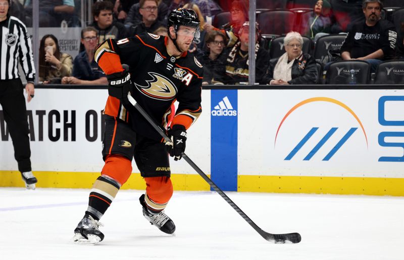 Mar 24, 2024; Anaheim, California, USA; Anaheim Ducks defenseman Cam Fowler (4) during the second period against the Tampa Bay Lightning at Honda Center. Mandatory Credit: Jason Parkhurst-USA TODAY Sports