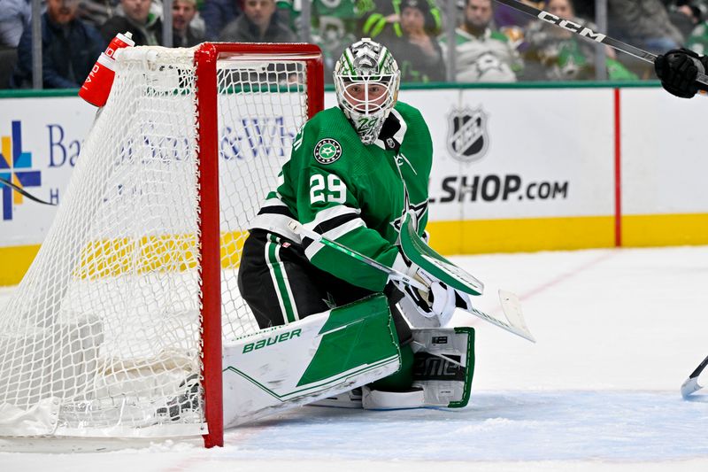 Jan 16, 2024; Dallas, Texas, USA; Dallas Stars goaltender Jake Oettinger (29) faces the Los Angeles Kings attack during the third period at the American Airlines Center. Mandatory Credit: Jerome Miron-USA TODAY Sports