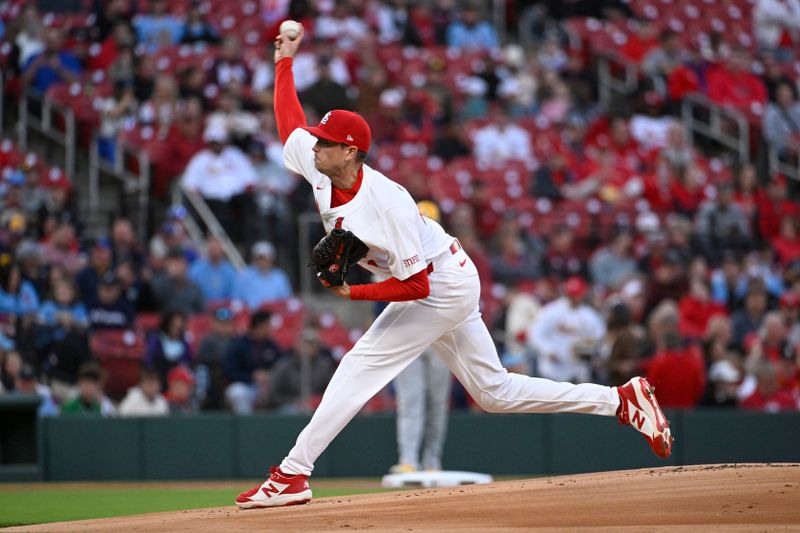 Apr 19, 2024; St. Louis, Missouri, USA; St. Louis Cardinals pitcher Kyle Gibson (44) pitches against the Milwaukee Brewers in the first inning at Busch Stadium. Mandatory Credit: Joe Puetz-USA TODAY Sports