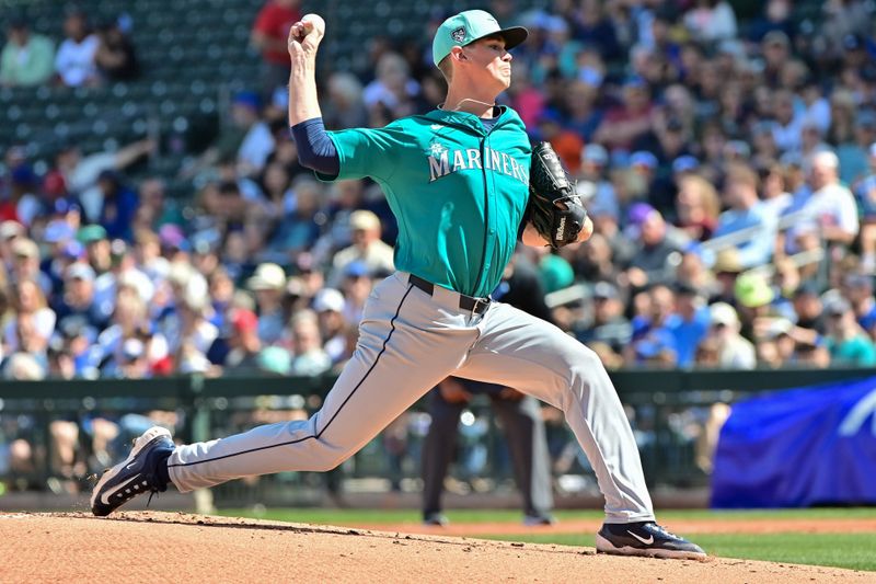 Mar 8, 2024; Mesa, Arizona, USA;  Seattle Mariners starting pitcher Emerson Hancock (62) throws in the first inning against the Chicago Cubs during a spring training game at Sloan Park. Mandatory Credit: Matt Kartozian-USA TODAY Sports