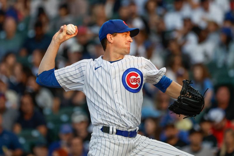 Aug 15, 2023; Chicago, Illinois, USA; Chicago Cubs starting pitcher Kyle Hendricks (28) delivers a pitch against the Chicago White Sox during the first inning at Wrigley Field. Mandatory Credit: Kamil Krzaczynski-USA TODAY Sports