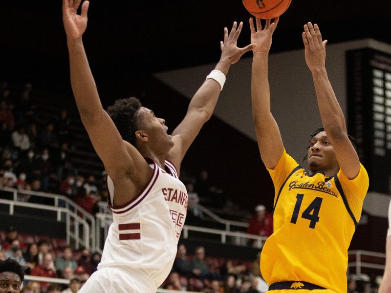 Jan 28, 2023; Stanford, California, USA; California Golden Bears forward Grant Newell (14) shoots over Stanford Cardinal forward Harrison Ingram (55) during the first half at Maples Pavilion. Mandatory Credit: D. Ross Cameron-USA TODAY Sports