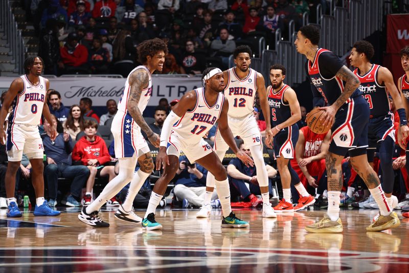 WASHINGTON, DC -? FEBRUARY 10: Buddy Held #17 of the Philadelphia 76ers plays defense against the Washington Wizards on February 10, 2024 at Capital One Arena in Washington, DC. NOTE TO USER: User expressly acknowledges and agrees that, by downloading and or using this Photograph, user is consenting to the terms and conditions of the Getty Images License Agreement. Mandatory Copyright Notice: Copyright 2024 NBAE (Photo by Kenny Giarla/NBAE via Getty Images)