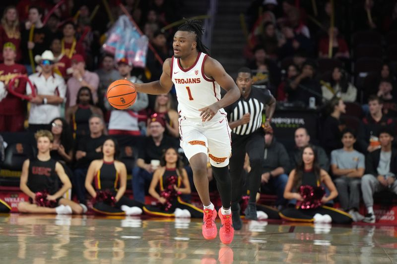 Nov 29, 2023; Los Angeles, California, USA Southern California Trojans guard Isaiah Collier (1) dribbles the ball against the Eastern Washington Eagles at the Galen Center. Mandatory Credit: Kirby Lee-USA TODAY Sports